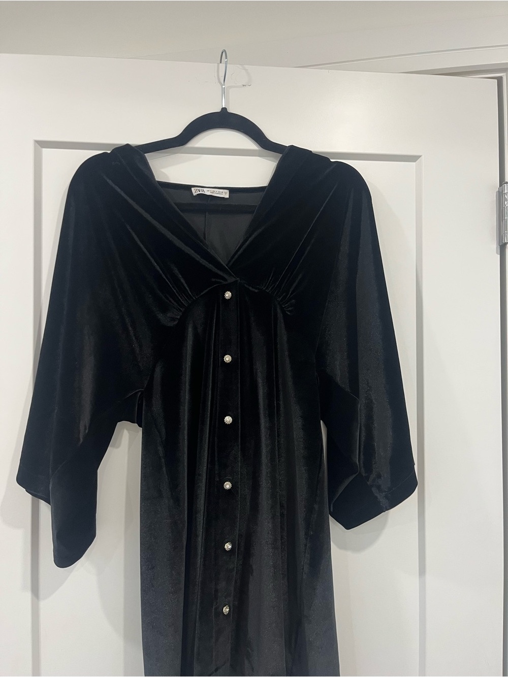 Zara Black Velvet Button-Front Hooded Dress